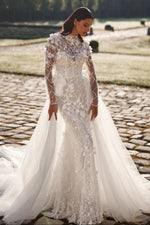 High-Neck Mermaid Wedding Dress with Overskirt