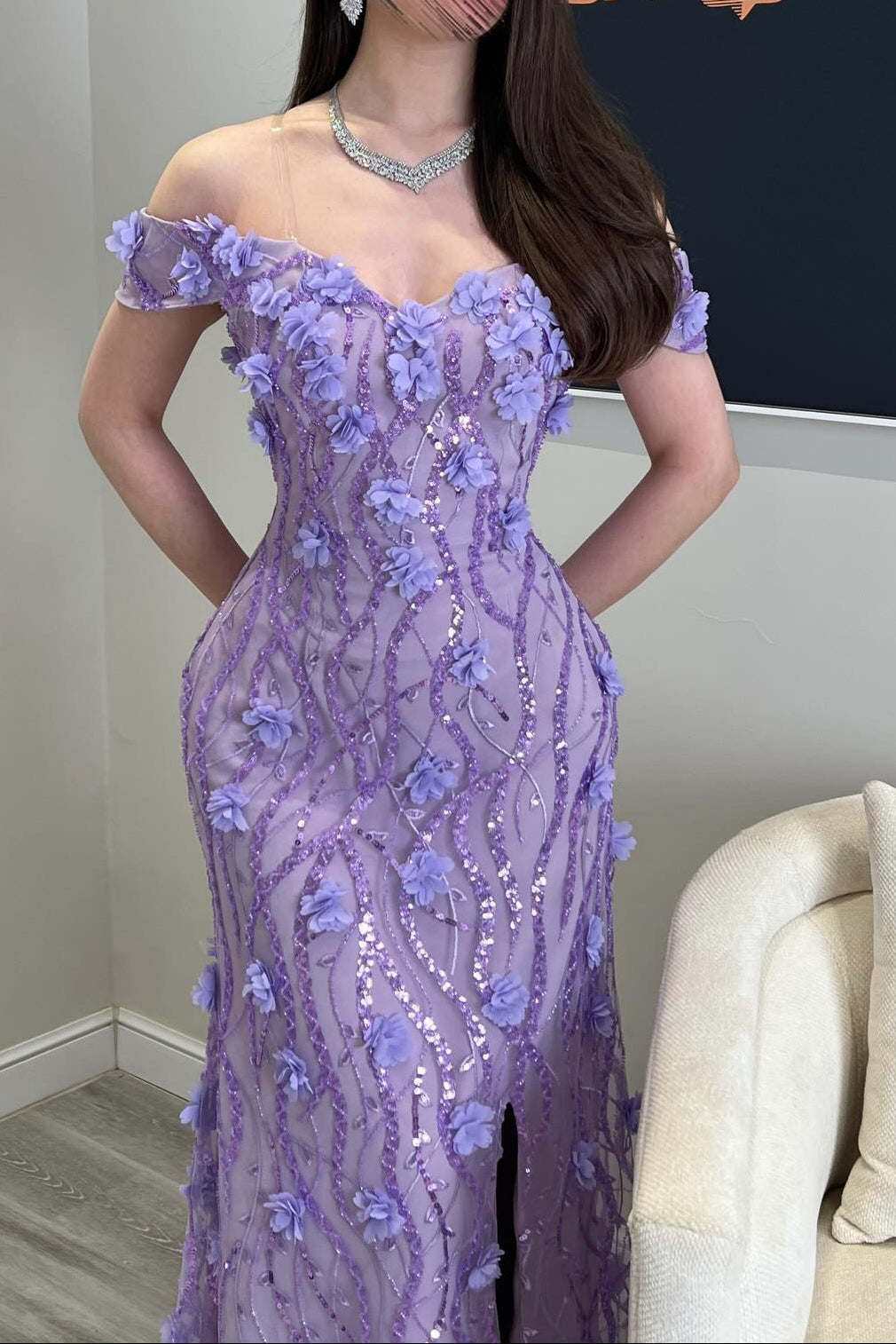 Off-Shoulder Floral Applique Evening Gown