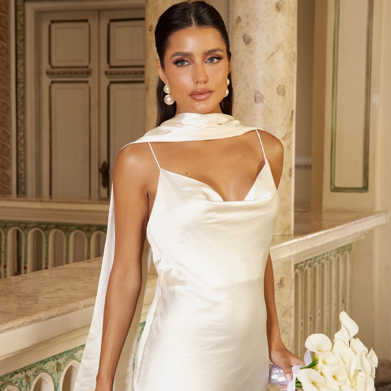 Cowl Neck Slip Wedding Dress with Watteau Train