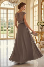 Embroidered Illusion Cap Sleeve A-Line Gown