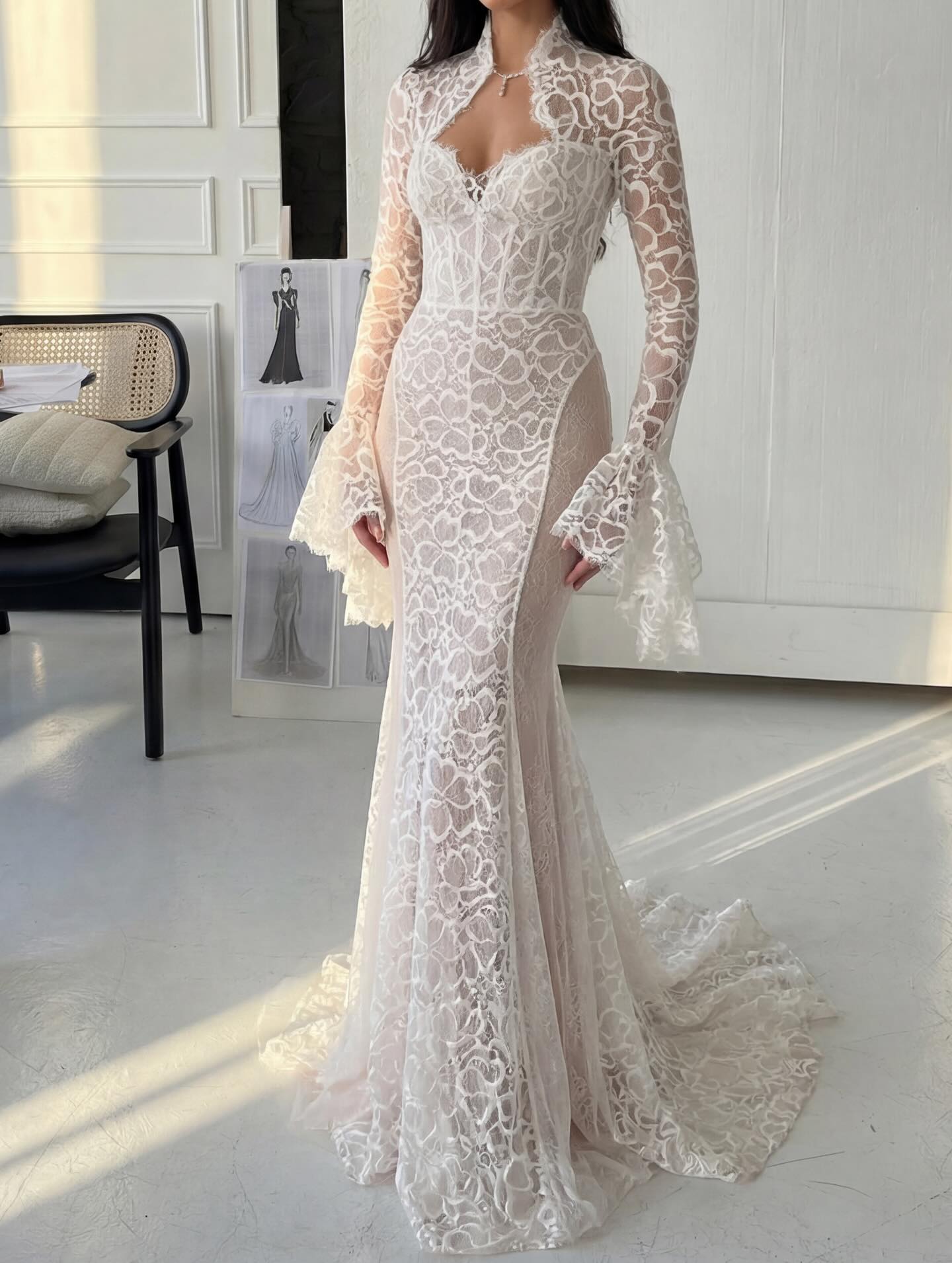 Long Bell Sleeve Lace Corset Mermaid Wedding Dress