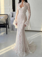 Long Bell Sleeve Lace Corset Mermaid Wedding Dress