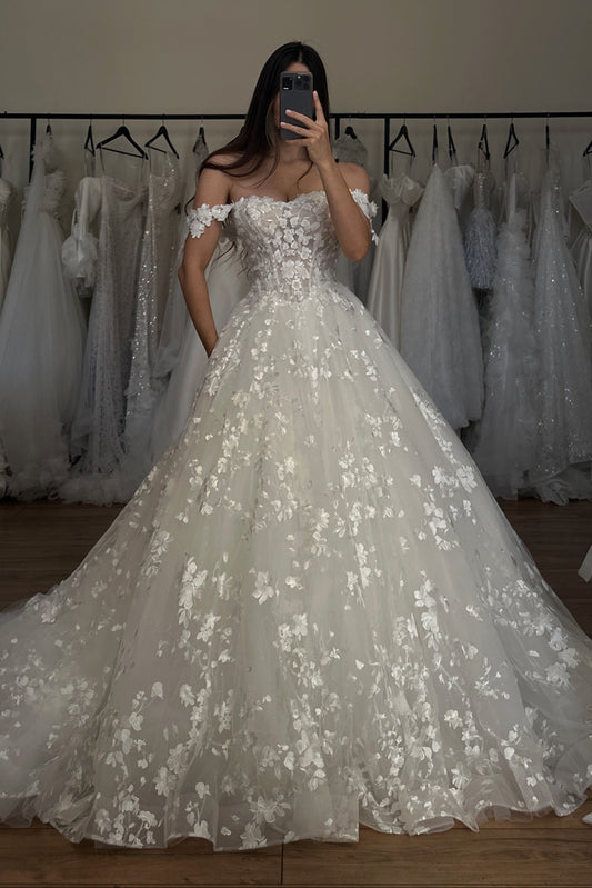 Off-the-Shoulder Lace Ball Gown Wedding Dress