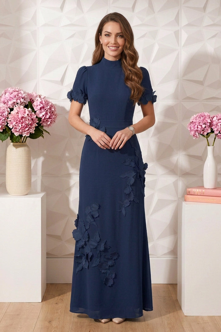 High Neck Maxi Gown with 3D Floral Appliques