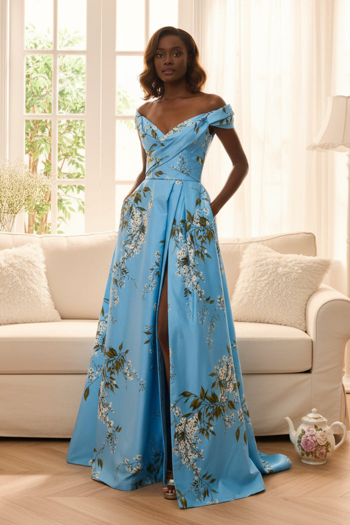 Floral Off-the-Shoulder A-Line Gown with Slit