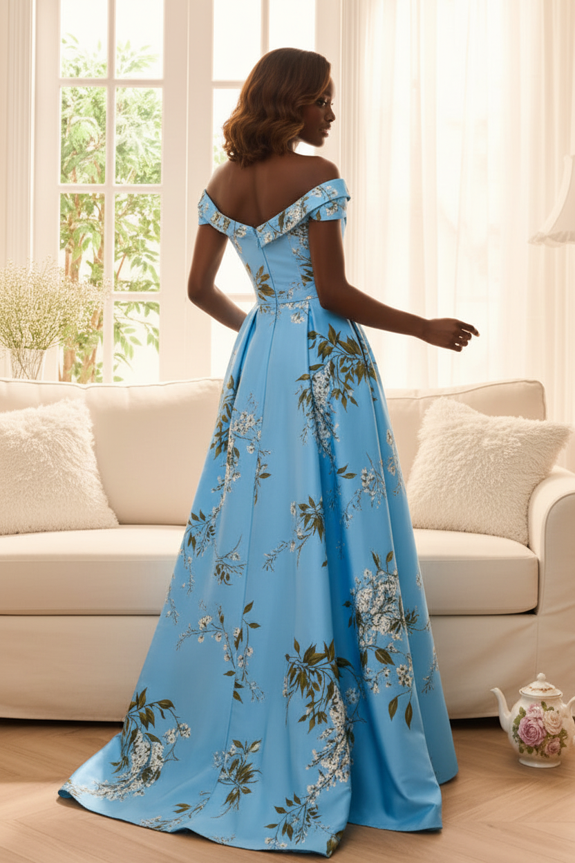 Floral Off-the-Shoulder A-Line Gown with Slit