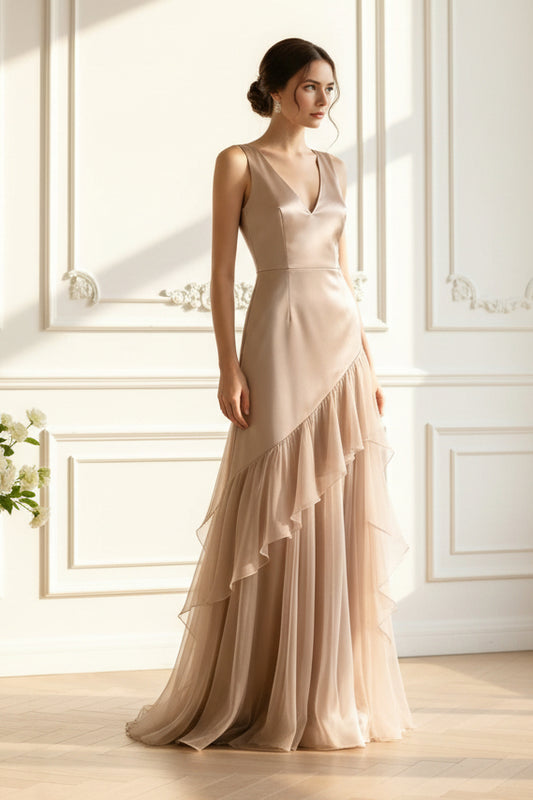 Sleeveless Satin Ruffle Hem Evening Gown
