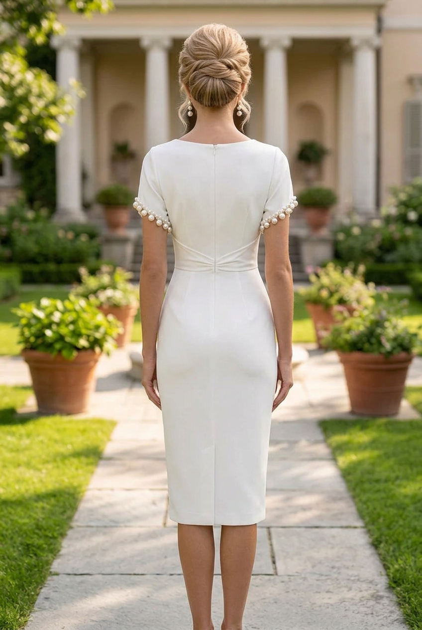 Pearl-Trim Sleeve Twist Waist Midi Sheath Dress