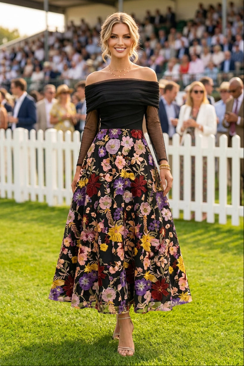 Floral Embroidered Off-the-Shoulder A-Line Dress