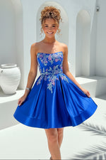 Strapless Beaded Floral Embroidery Short A-Line Dress