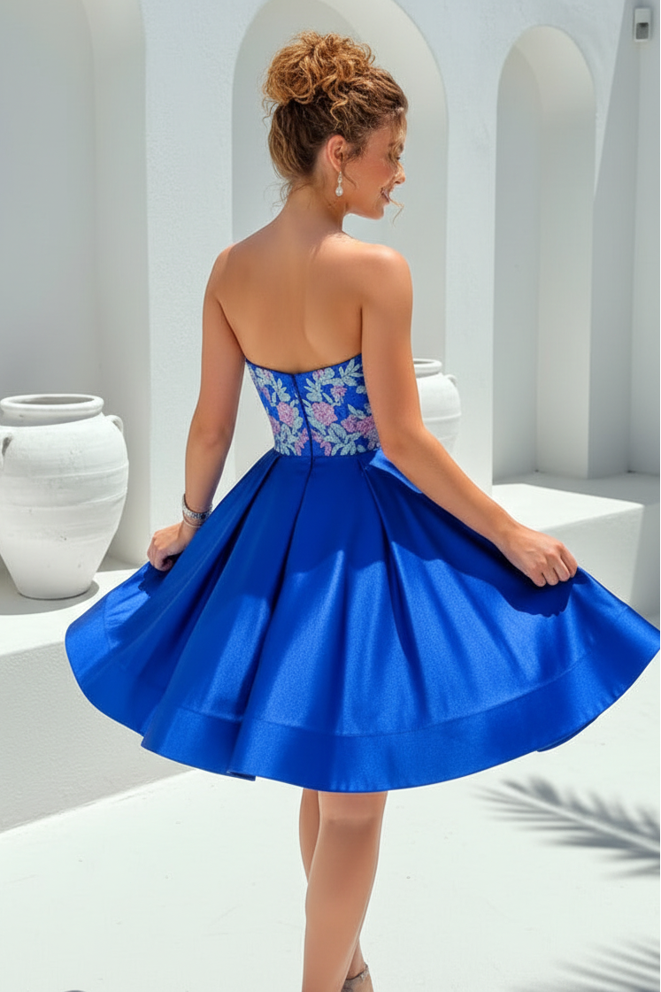 Strapless Beaded Floral Embroidery Short A-Line Dress