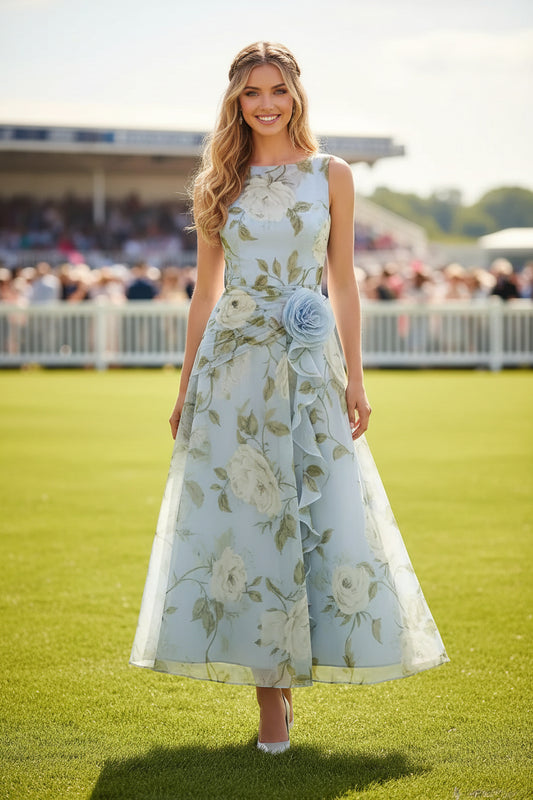 Sleeveless Floral Print A-Line Tea-Length Dress