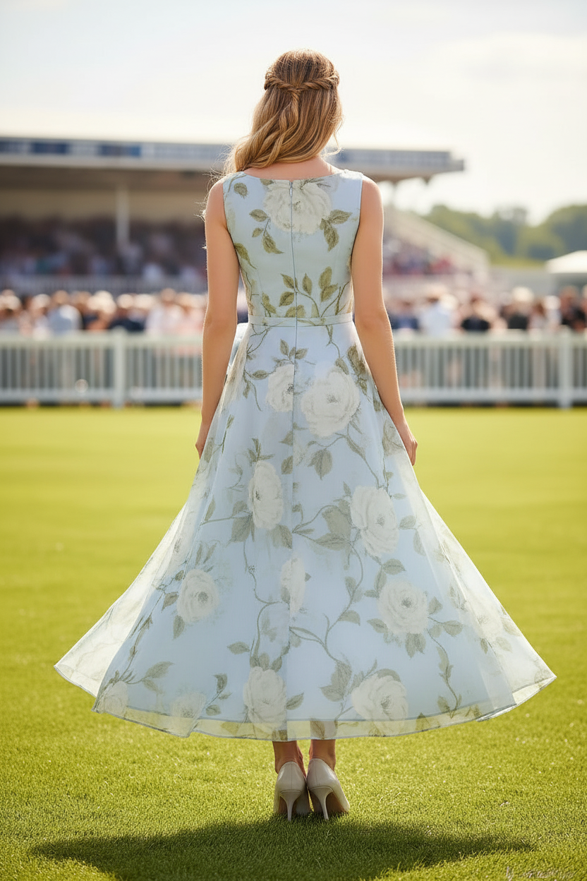 Sleeveless Floral Print A-Line Tea-Length Dress