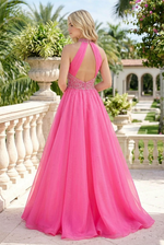 Halter Neck Beaded Ball Gown with Sweeping Train