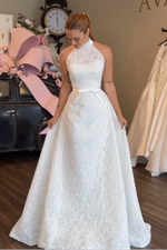 High Neck Lace A-Line Wedding Dress with Bow Waist