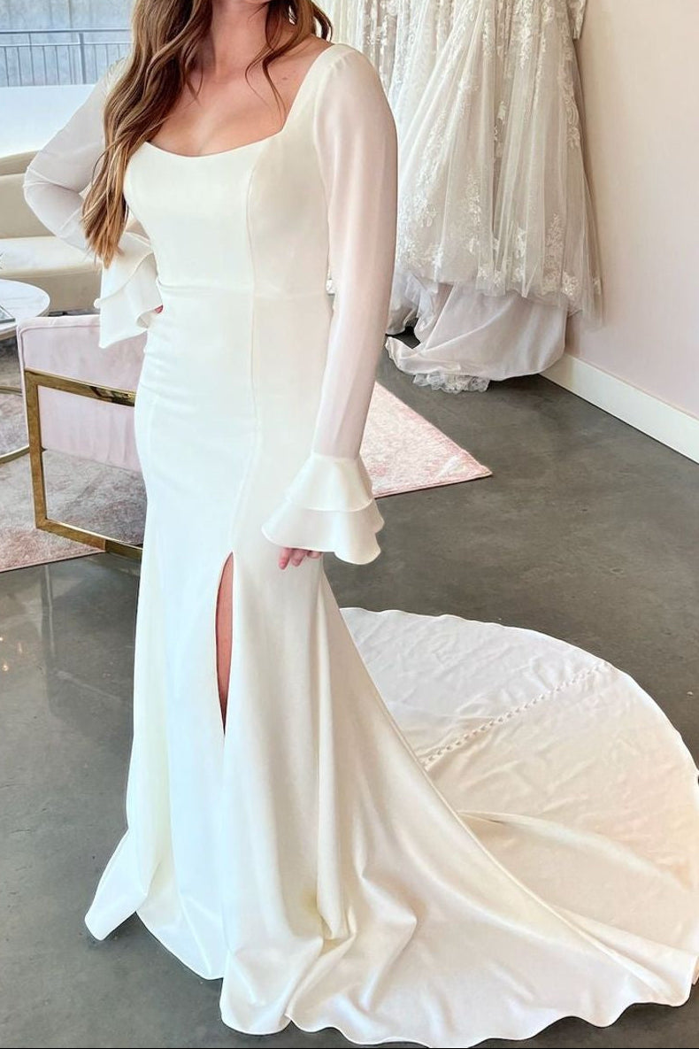 Square Neck Crepe Mermaid Wedding Dress