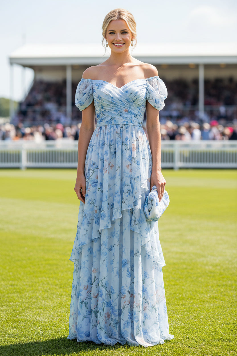 Off-the-Shoulder Tiered Floral Chiffon Maxi Dress