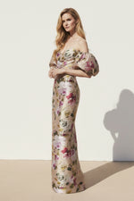 Floral Off-the-Shoulder Column Gown with Puff Sleeves