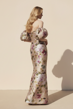 Floral Off-the-Shoulder Column Gown with Puff Sleeves