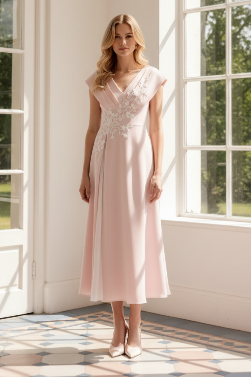 V-Neck Cap Sleeve Midi Dress with Floral Applique