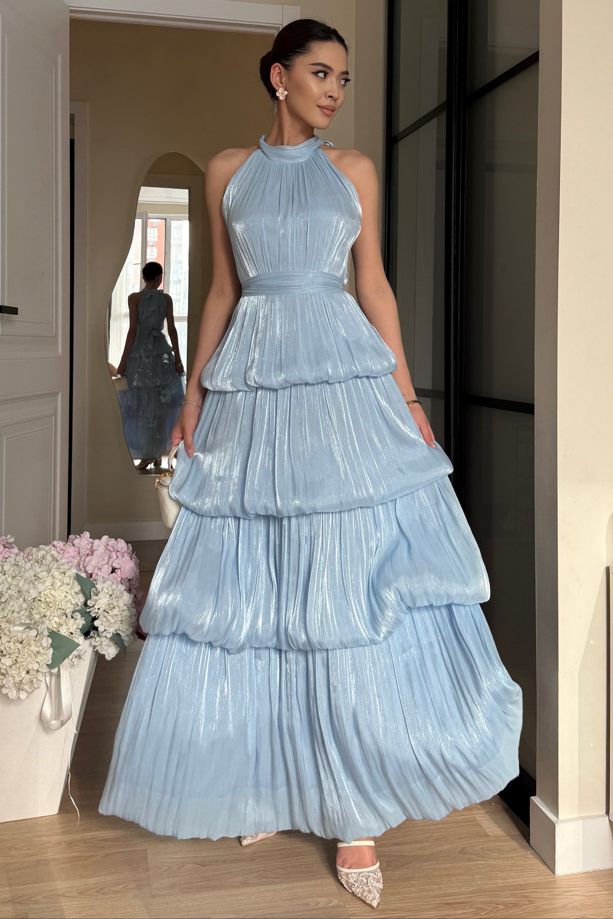 Shimmer Pleated Halter Tiered Gown