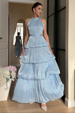 Shimmer Pleated Halter Tiered Gown