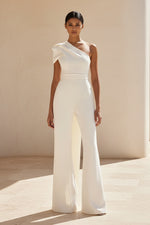 One-Shoulder Crepe Jumpsuit with Asymmetrical Overlay