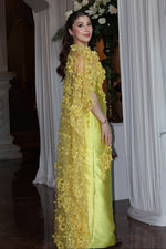 Satin Evening Gown with 3D Floral Cape