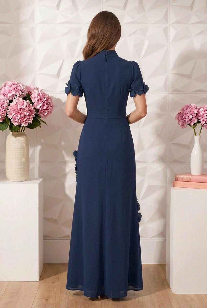 High Neck Maxi Gown with 3D Floral Appliques
