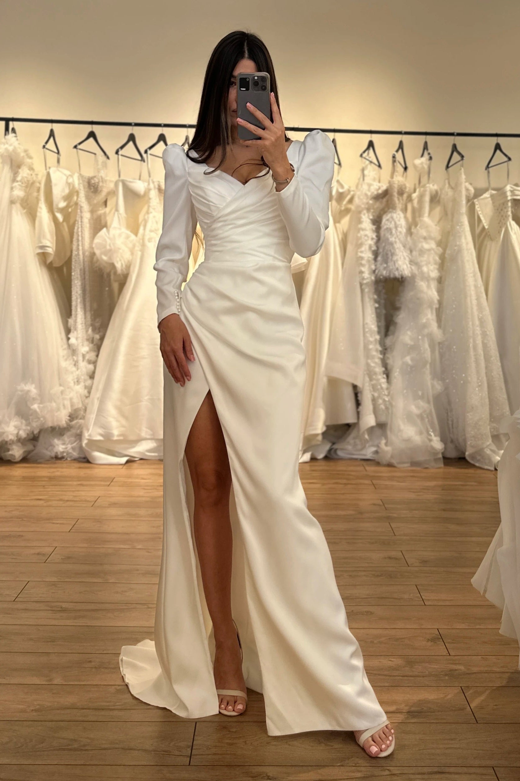 Long Sleeve Ruched Satin Wedding Dress with High Slit