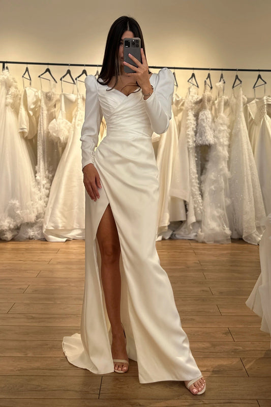 Long Sleeve Ruched Satin Wedding Dress with High Slit