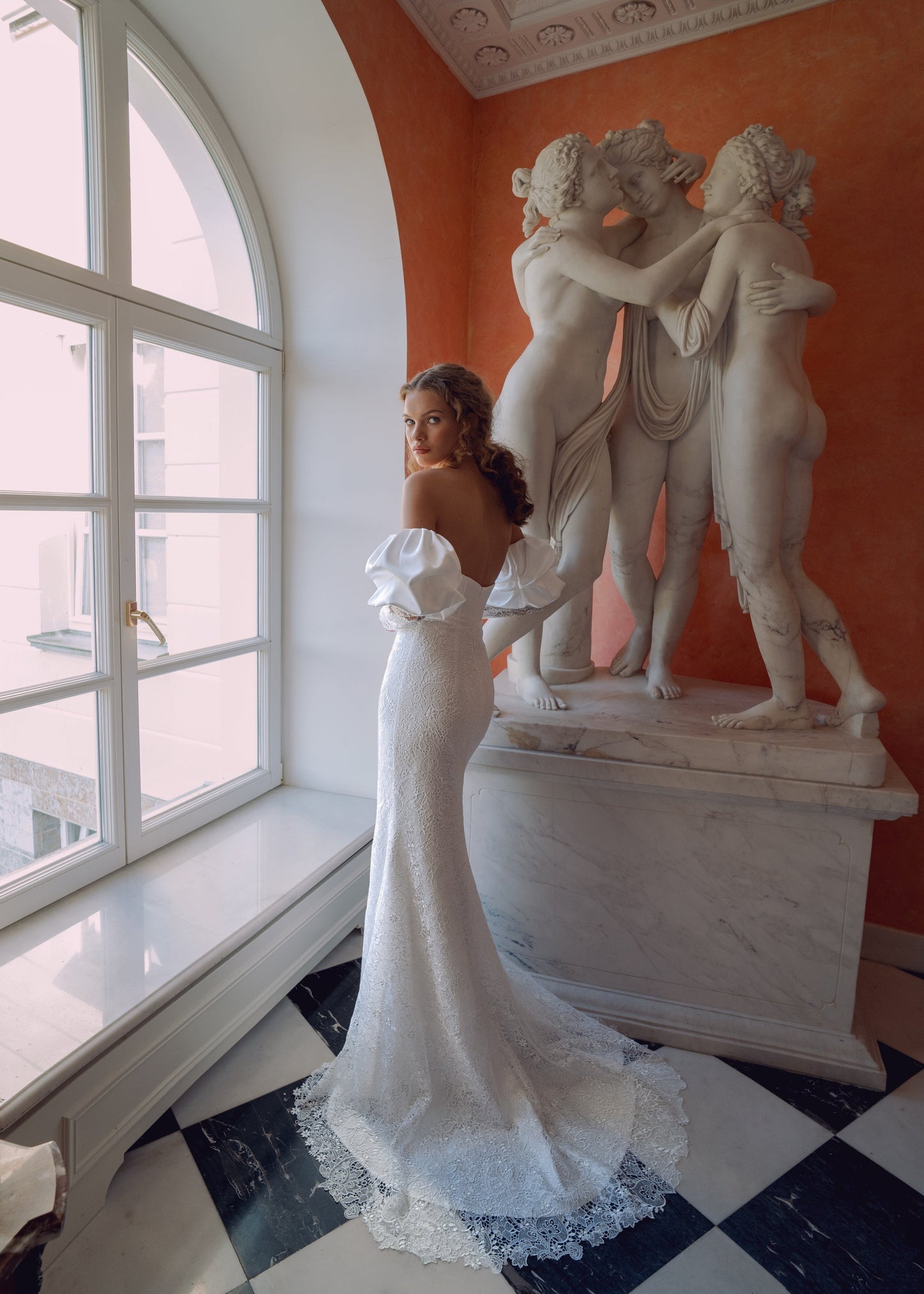 Off-Shoulder Puff Sleeve Lace Mermaid Bridal Gown