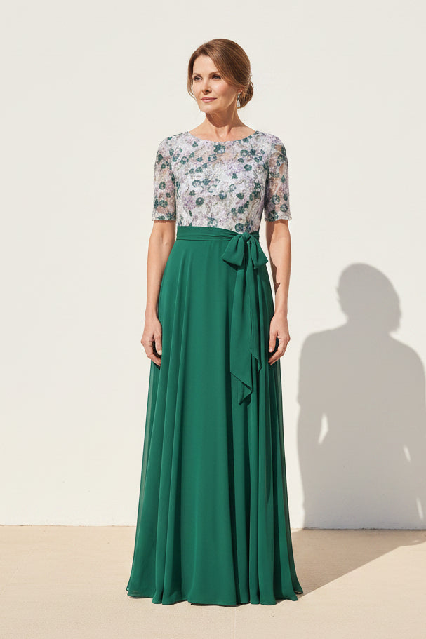 Floral Embroidered A-Line Gown with Tie Waist