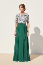Floral Embroidered A-Line Gown with Tie Waist