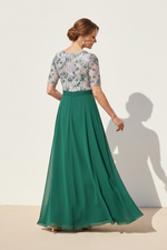 Floral Embroidered A-Line Gown with Tie Waist