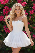 Lace Corset Tulle Mini Dress with Pearl Straps