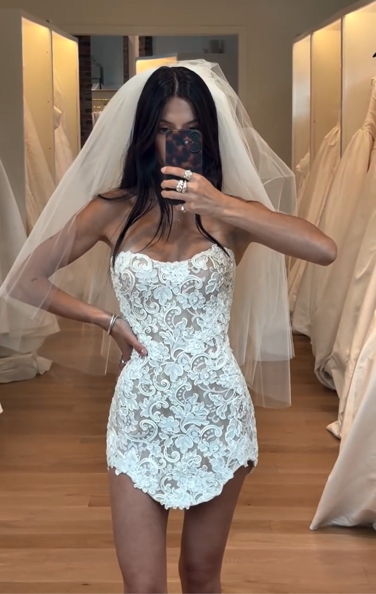 Strapless Floral Lace Pointed Hem Mini Dress