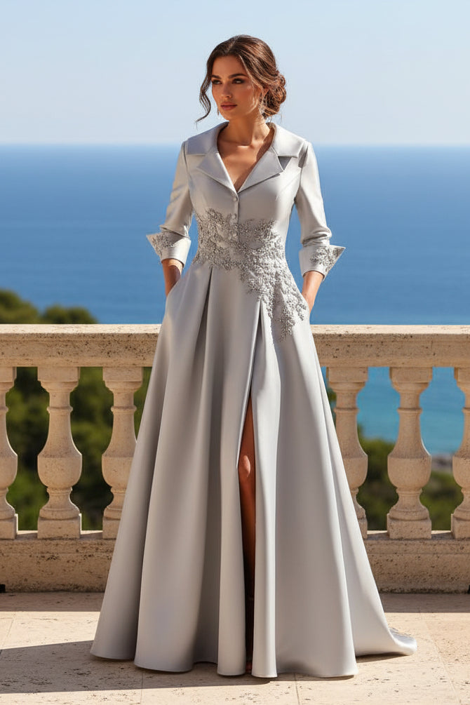 Beaded Notch Collar A-Line Gown with Slit