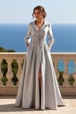 Beaded Notch Collar A-Line Gown with Slit
