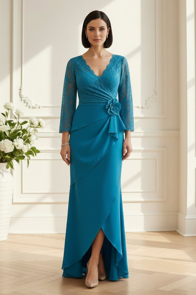 Lace Bell-Sleeve Evening Gown with Cascading Drape