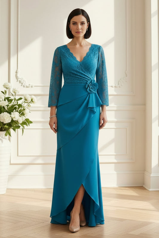 Lace Bell-Sleeve Evening Gown with Cascading Drape