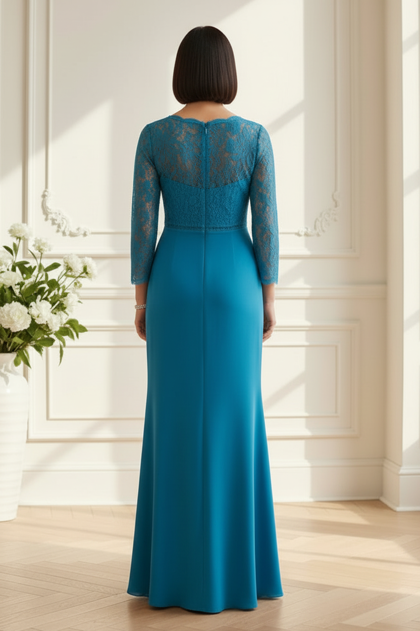 Lace Bell-Sleeve Evening Gown with Cascading Drape