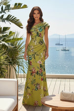 Floral Print One-Shoulder Pleated Gown