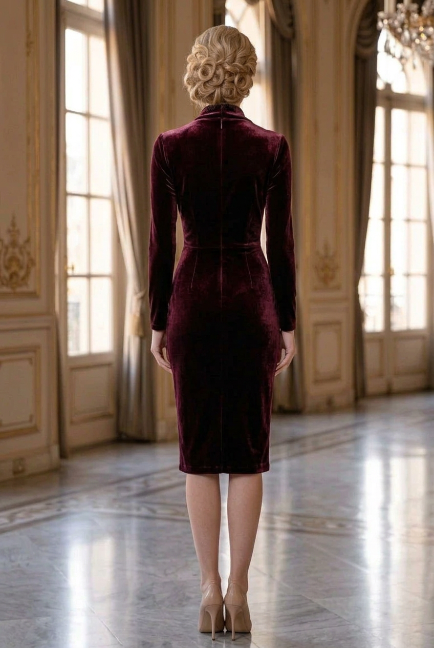 Cowl Neck Velvet Midi Dress with Long Sleeves