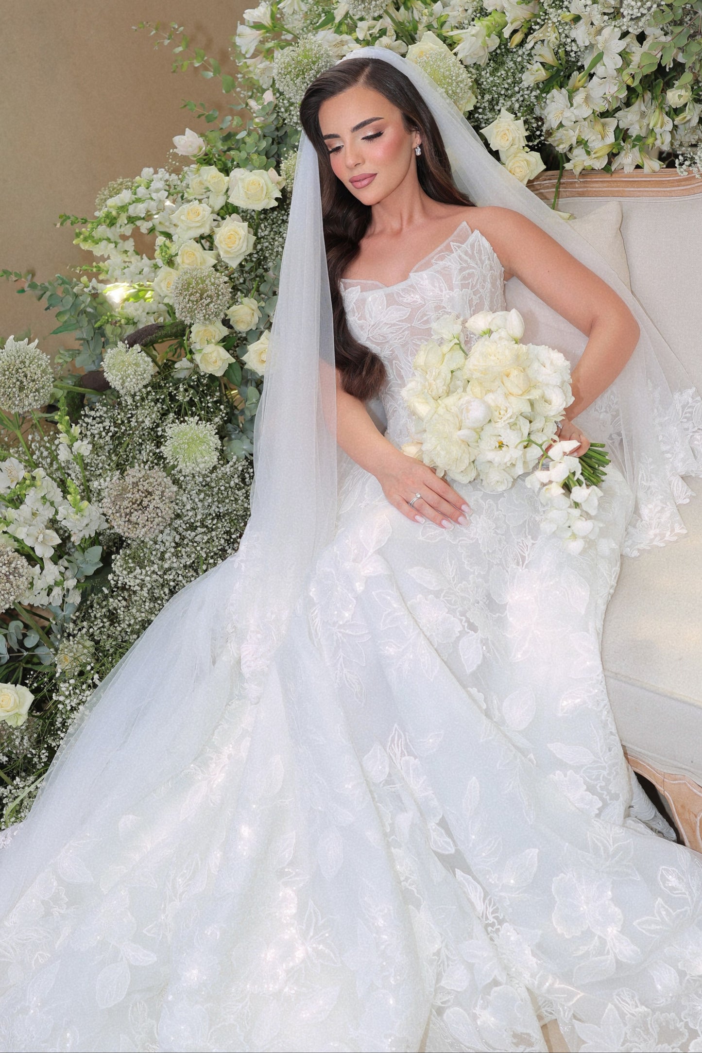 Strapless Lace Floral Applique Ball Gown Wedding Dress