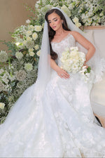 Strapless Lace Floral Applique Ball Gown Wedding Dress