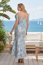 Off-the-Shoulder Jacquard High-Low Evening Gown