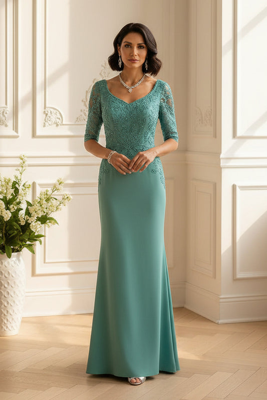 Lace Elbow Sleeve Trumpet Evening Gown