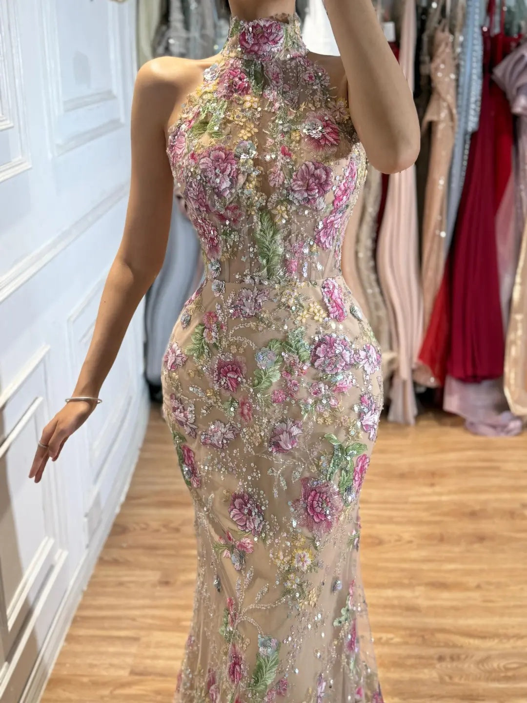 Embroidered Floral High Neck Mermaid Evening Gown
