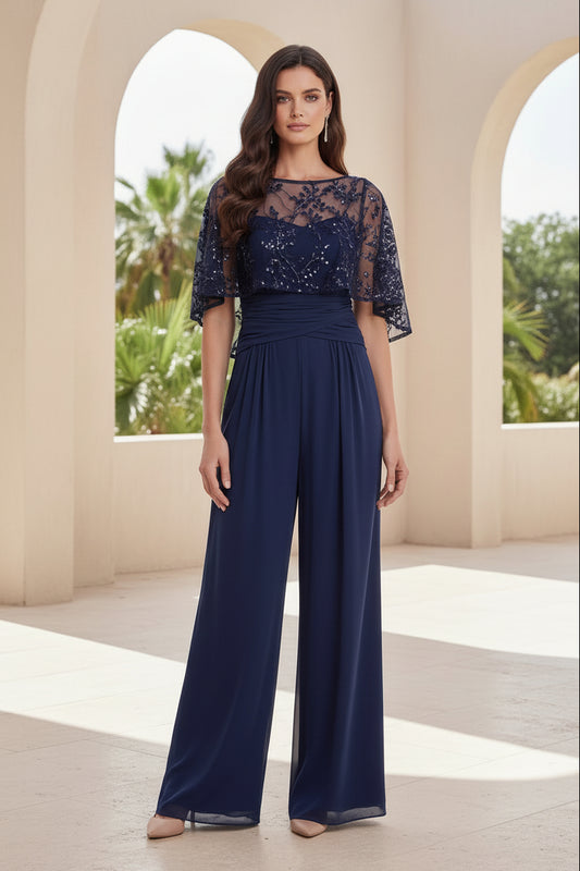 Chiffon Wide-Leg Jumpsuit with Sequin Capelet